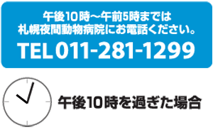 午後10時～午前5時までは札幌夜間動物病院にお電話ください。TEL011-281-1299